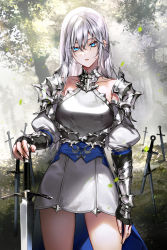 Rule 34 | 1girl, absurdres, arm at side, armor, black gloves, black joa, blue cape, blue eyes, breasts, cape, collarbone, cowboy shot, day, detached sleeves, dress, fingerless gloves, forest, gloves, gorget, grey dress, hair between eyes, hand on hilt, highres, looking at viewer, nature, original, outdoors, parted lips, pauldrons, photo background, planted, planted sword, planted weapon, puffy sleeves, short dress, shoulder armor, solo, sweat, sword, vambraces, waistcoat, weapon, white dress, white hair