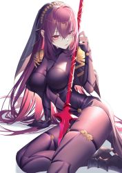 Rule 34 | 1girl, absurdres, black legwear, bodystocking, bodysuit, breasts, capelet, circlet, fate/grand order, fate (series), headdress, high heels, highres, large breasts, lips, lying, on side, polearm, purple hair, red eyes, rib (rib delesetong), scathach (fate), skindentation, solo, spear, thighs, uniform, weapon