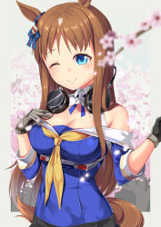 Rule 34 | 1girl, ;), alternate breast size, animal ears, bare shoulders, blue dress, blue eyes, blush, breasts, brown hair, cleavage, commentary request, cosplay, dress, fletcher (kancolle), fletcher (kancolle) (cosplay), gloves, grass wonder (umamusume), grey gloves, headphones, headphones around neck, highres, horse ears, kantai collection, large breasts, long hair, off shoulder, one eye closed, sailor collar, sailor dress, smile, solo, tail, umamusume, upper body, very long hair, white sailor collar, yasume yukito