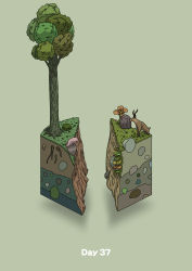 Rule 34 | absurdres, all fours, boulder, canyon, commentary request, deer, diorama, flower, gozz, green background, highres, isometric, looking down, original, ravine, tree
