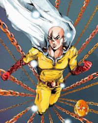 Rule 34 | 1boy, araki hirohiko (style), artist name, bald, belt buckle, buckle, cape, formal, gloves, green eyes, grey background, highres, looking at viewer, one-punch man, parody, red gloves, sailorbrush, saitama (one-punch man), solo, sparkle, style parody, suit, white cape, yellow suit
