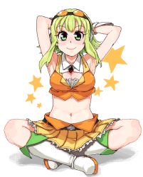 Rule 34 | 1girl, armpits, bad id, bad pixiv id, blush, boots, breasts, cleavage, female focus, full body, goggles, green eyes, green hair, gumi, indian style, crossed legs, matching hair/eyes, midriff, oekaki, rkrk, short hair, sitting, skirt, smile, solo, vocaloid, white background