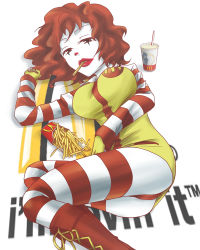 Rule 34 | 1girl, ass, bad id, bad pixiv id, boots, breasts, clown, colored skin, dress, drink, english text, female focus, food, french fries, genderswap, genderswap (mtf), gloves, large breasts, lipstick, lying, makeup, mcdonald&#039;s, mouth hold, noshiki, on side, panties, pantyshot, red eyes, red hair, red panties, ronald mcdonald, shikino, short hair, solo, striped clothes, striped sleeves, striped thighhighs, thighhighs, underwear, wavy hair, white skin