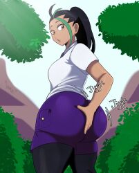 Rule 34 | 1girl, artist name, ass, ass grab, black hair, breasts, brown eyes, creatures (company), english text, freckles, game freak, grabbing own ass, green hair, highres, huge ass, jiggle, large breasts, long hair, looking back, motion lines, multicolored hair, nemona (pokemon), nintendo, pantyhose, pantyhose under shorts, parted lips, pokemon, pokemon sv, ponytail, shirt, short sleeves, shorts, sky, solo, tan, thick thighs, thighs, tree, uniform, white shirt, yamathegod