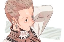 1boy arm_behind_head ascot balflear brown_hair earrings final_fantasy final_fantasy_xii from_above gold_trim jewelry male_focus minashirazu multiple_earrings parted_lips shirt short_hair sideburns smile solo upper_body vest white_ascot white_background white_shirt