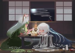 Rule 34 | 2girls, absurdly long hair, absurdres, blanket, blue dress, bottle, bow, bowl, box, calligraphy brush, cigarette butt, comb, commentary, dress, english commentary, fire, fire, fujiwara no mokou, full moon, green dress, green hair, head rest, highres, holding, holding brush, horn bow, horn ornament, horns, indoors, ink tank (splatoon), kamishirasawa keine, kneeling, leaning forward, long hair, long sleeves, looking at another, moon, multicolored hair, multiple girls, neckerchief, no mouth, oil lamp, paintbrush, paper, playing with another&#039;s hair, puffy short sleeves, puffy sleeves, red bow, red eyes, red neckerchief, sake bottle, short sleeves, sleeping, sleeve cuffs, smoke, sweet reverie, tail, touhou, two-tone hair, very long hair, white hair, window, wooden floor