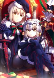 Rule 34 | &gt;:(, &gt;:), 2girls, age difference, ahoge, artoria pendragon (all), artoria pendragon (fate), bad id, bad pixiv id, black dress, black gloves, black legwear, black santa costume, blonde hair, bow, bowtie, capelet, closed mouth, crossed legs, dress, elbow gloves, excalibur morgan (fate), fate/grand order, fate (series), frown, fur trim, gloves, hat, headpiece, highres, holding, holding sword, holding weapon, ichiren namiro, jeanne d&#039;arc (fate), jeanne d&#039;arc (ruler) (fate), jeanne d&#039;arc alter (fate), jeanne d&#039;arc alter santa lily (fate), looking at viewer, multiple girls, pantyhose, saber (fate), saber alter, santa alter, santa costume, santa hat, sitting, smile, sparkle, striped bow, striped bowtie, striped clothes, striped neckwear, sword, thighhighs, throne, v-shaped eyebrows, weapon, yellow eyes