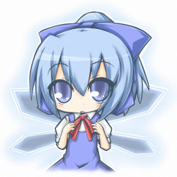 Rule 34 | 1girl, blue dress, blue eyes, blue hair, child, cirno, cropped, dress, fairy, female focus, gradient background, matching hair/eyes, ribbon, solo, standing, touhou, white background