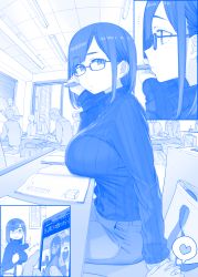 Rule 34 | 1girl, bag, blue theme, blush, breast rest, breasts, cellphone, classroom, clenched teeth, commentary request, denim, faceless, faceless male, getsuyoubi no tawawa, glasses, heart, highres, himura kiseki, hokuro-chan (tawawa), holding hands, jeans, large breasts, mole, mole under mouth, nose blush, open mouth, pants, phone, pointing, ribbed sweater, smartphone, spoken heart, sweater, swept bangs, teeth, translation request