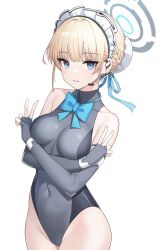 Rule 34 | 1girl, black leotard, blonde hair, blue archive, blue bow, blue bowtie, blue eyes, blue ribbon, bow, bowtie, braid, braided bun, breasts, bun cover, covered navel, crossed arms, double v, elbow gloves, fingerless gloves, gloves, grey gloves, grey leotard, groin, hair bun, halo, highleg, highleg leotard, highres, leotard, looking at viewer, maid headdress, medium breasts, parted lips, pipipipyu, ribbon, short hair, solo, toki (blue archive), two-tone leotard, v, white background