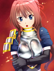 Rule 34 | 1girl, armor, blue eyes, boobplate, bow, breastplate, breasts, breasts squeezed together, brown hair, elbow gloves, embers, gloves, hair bow, impossible armor, impossible clothes, japanese armor, long hair, looking at viewer, oda nobuna no yabou, open mouth, ponytail, red background, shibata katsuie, shibata katsuie (oda nobuna no yabou), shoulder armor, shoulder pads, simple background, sode, solo, ueyama michirou