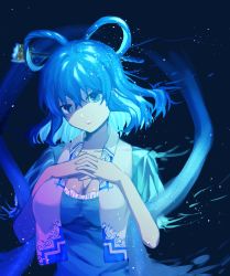 Rule 34 | 1girl, belt, blue dress, blue eyes, blue hair, breasts, cleavage, collarbone, dark background, dress, eyebrows hidden by hair, hagoromo, hair between eyes, hair ornament, hair rings, hair stick, highres, kaku seiga, kouya (sugar wolfs), large breasts, light particles, looking at viewer, own hands clasped, own hands together, parted lips, puffy short sleeves, puffy sleeves, shawl, short hair, short sleeves, solo, star (sky), teeth, touhou, upper body, vest, white vest, wing collar