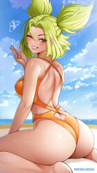 Rule 34 | 1girl, absurdres, ass, barefoot, beach, cloud, cloudy sky, commission, day, feet out of frame, green hair, highres, kneeling, league of legends, looking at viewer, looking back, one-piece swimsuit, one eye closed, outdoors, signature, sitting, sky, smile, spiz, swimsuit, teeth, wet, yellow eyes, zeri (league of legends)