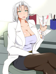 Rule 34 | 1girl, alternate costume, belt, book, breasts, chair, cleavage, collarbone, commentary request, crossed legs, crushing, desk, failure, green eyes, highres, huge breasts, jacket, lactone, lips, long sleeves, no headwear, open clothes, open jacket, pantyhose, paper, pen, pen holder, silver hair, sitting, skirt, solo, teacher, test paper, test score, touhou, yagokoro eirin