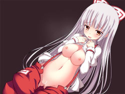 Rule 34 | 1girl, bad id, bad pixiv id, bow, breasts, censored, cleft of venus, clothes pull, dress shirt, dress short, female focus, fujiwara no mokou, long hair, navel, nipples, no panties, open clothes, open shirt, pants, pants pull, pussy, red eyes, ribbon, shirt, silver hair, solo, suspenders, touhou, very long hair, yako