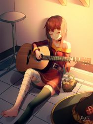 Rule 34 | 1girl, absurdres, acoustic guitar, bandaged leg, bandages, bare shoulders, barefoot, belt, black belt, black cat, black choker, black thighhighs, blush, breasts, brown hair, brown headwear, cat, chair, choker, chomusuke, closed eyes, closed mouth, collarbone, commentary request, dated, dress, foot out of frame, guitar, hat, unworn hat, unworn headwear, highres, holding, holding instrument, instrument, kono subarashii sekai ni shukufuku wo!, long legs, long sleeves, megumin, music, off shoulder, on floor, playing instrument, red dress, red eyes, short hair, short hair with long locks, signature, single thighhigh, sitting, sleeping, small breasts, smile, thighhighs, tile floor, tiles, wings, witch hat, yansae81