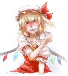Rule 34 | 1girl, ascot, blonde hair, blush, collarbone, colored eyelashes, condom, didloaded, artistic error, eyelashes, fangs, fingernails, flandre scarlet, frills, hat, looking at viewer, pointy ears, pov, red eyes, sharp fingernails, sharp teeth, simple background, slit pupils, solo, teeth, touhou, white background, wings, you gonna get raped