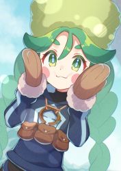 Rule 34 | 1girl, :i, black shirt, blue pupils, blush stickers, braid, brown bag, brown mittens, closed mouth, commentary request, creatures (company), fur hat, game freak, green eyes, green hair, green hat, grey jacket, hair between eyes, hands up, hat, highres, jacket, long hair, looking at viewer, mittens, nintendo, pokemon, pokemon legends: arceus, sabi (pokemon), shibori (shibootachi), shirt, skirt, smile, solo, twin braids, twintails