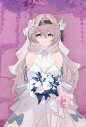 Rule 34 | 1girl, absurdres, blue eyes, bouquet, breasts, bride, brown hairband, closed mouth, cowboy shot, detached sleeves, dress, firefly (honkai: star rail), flower, hairband, highres, holding, holding bouquet, honkai: star rail, honkai (series), long hair, long sleeves, looking at viewer, medium breasts, rose, seele 05, smile, solo, wedding dress, white flower, white hair, white rose