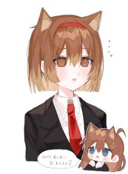 Rule 34 | 2girls, animal ears, black jacket, blush, brown eyes, brown hair, cat ears, chibi, chibi inset, collared shirt, highres, hod (project moon), jacket, lobotomy corporation, long sleeves, malkuth (project moon), mimingaminchi, multiple girls, necktie, project moon, red necktie, shirt, simple background, speech bubble, tongue, tongue out, translation request, upper body, white background, white shirt, wing collar