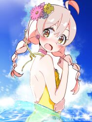 Rule 34 | 1girl, ahoge, back cutout, blue sky, blush, choker, clenched hands, clothing cutout, cloud, commentary request, day, eyelashes, flat chest, flower, hair between eyes, hair flower, hair ornament, hand up, highres, looking at viewer, low twintails, medium hair, one-piece swimsuit, onii-chan wa oshimai!, open mouth, oyama mahiro, partially submerged, pink choker, pink hair, sky, solo, swimsuit, twintails, untied swimsuit, water, wavy mouth, yellow eyes, yellow one-piece swimsuit, yuruligon