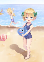 Rule 34 | 1boy, 1girl, 2others, absurdres, ball, beach, beachball, blonde hair, blue eyes, blue male swimwear, blue one-piece swimsuit, blue swim trunks, blunt bangs, blurry, blurry background, blush, bow, breasts, brother and sister, child, commentary request, depth of field, dragon, dragon quest, ear piercing, full body, green bow, hair bow, hero&#039;s daughter (dq5), hero&#039;s son (dq5), highres, male swimwear, multiple others, ocean, old school swimsuit, one-piece swimsuit, outdoors, paid reward available, piercing, ponytail, school swimsuit, short hair, siblings, slime (creature), slime (dragon quest), small breasts, small fry (dragon quest), standing, swim trunks, swimsuit, tenjou ryuka, variant set
