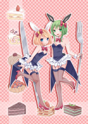 Rule 34 | 2girls, animal ears, aqua eyes, bare shoulders, blonde hair, bow, bowtie, breasts, cake, cleavage, detached collar, fake animal ears, food, fork, fruit, green eyes, green hair, gumi, hair ornament, hair ribbon, high heels, highres, kagamine rin, knife, leaning, leaning forward, looking at viewer, multiple girls, nail polish, open mouth, playboy bunny, rabbit ears, rabbit tail, ribbon, shoes, short hair, skirt, small breasts, smile, standing, strawberry, tail, thighhighs, vocaloid, wrist cuffs, yayoi (egoistic realism)