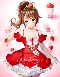 Rule 34 | 1girl, bare shoulders, blush, bow, braid, brown hair, collarbone, cowboy shot, cup, dress, flower, food, frilled dress, frills, fruit, hair flower, hair ornament, hand up, high ponytail, highres, holding, holding own hair, long hair, looking at viewer, mole, mole under eye, multicolored eyes, multicolored hair, original, parted lips, ponytail, red dress, red eyes, red hair, sleeveless, solo, strawberry, swept bangs, takeashiro, yellow eyes