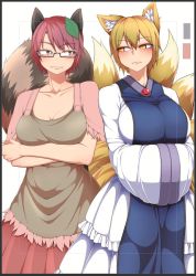 Rule 34 | 2girls, animal ear fluff, animal ears, arms under breasts, blonde hair, blush, breasts, bright pupils, brown eyes, brown hair, cleavage, commentary request, cowboy shot, dress, fox ears, fox tail, futatsuiwa mamizou, glasses, kuroba rapid, large breasts, leaf, leaf on head, looking at another, multiple girls, multiple tails, no headwear, no headwear, raccoon ears, raccoon tail, short hair, tabard, tail, touhou, white background, white dress, yakumo ran, yellow eyes
