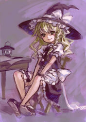 Rule 34 | 1girl, absurdres, ama-tou, blonde hair, blush, braid, chair, female focus, hat, highres, kirisame marisa, lamp, sitting, sketch, smile, solo, table, touhou, v arms, witch, witch hat, yellow eyes