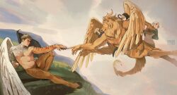 Rule 34 | 2boys, 3girls, above clouds, absurdres, angel wings, asymmetrical wings, belly, black wings, blonde hair, body fur, character request, chimera, chimerism, cloud, dark-skinned female, dark skin, demon, dungeon meshi, elf, feathered wings, fine art parody, from side, furry, furry male, fusion, highres, human head, laios touden, laios touden (chimera), looking at another, male focus, marcille donato, marcille donato (lord), mismatched wings, monster, monsterification, multiple boys, multiple girls, nipples, nude, outstretched arm, parody, pectorals, pointy ears, profile, reaching towards another, scales, short hair, ski.ip, symbolism, the creation of adam, thick eyebrows, tiger stripes, toned, toned male, transformation, white wings, winged lion (dungeon meshi), wings