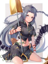 Rule 34 | 1girl, absurdres, bow, breasts, bug, centipede, crop top, expressionless, grey background, grey eyes, grey hair, highres, himemushi momoyo, holding, holding pickaxe, holding shovel, jewelry, koizumo, light blush, long hair, looking at viewer, medium breasts, midriff, navel, orange bow, pickaxe, ring, serious, shovel, simple background, sitting, solo, touhou, very long hair, wariza