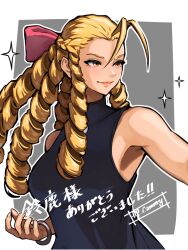 Rule 34 | 1girl, ap cammy, armpits, bare shoulders, blonde hair, bow, breasts, highres, japanese text, kanzuki karin, large breasts, lips, pink bow, sleeveless, street fighter, street fighter v, yellow eyes