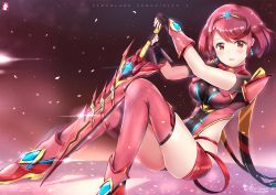 Rule 34 | 1girl, breasts, chinchongcha, earrings, fingerless gloves, gloves, highres, impossible clothes, jewelry, large breasts, leotard, looking at viewer, nintendo, open mouth, petals, pyra (xenoblade), red eyes, red hair, short hair, short shorts, shorts, sitting, solo, sword, thighhighs, tiara, weapon, xenoblade chronicles (series), xenoblade chronicles 2, xenoblade chronicles (series), xenoblade chronicles 2