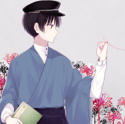 Rule 34 | 1boy, beige background, black hair, black hat, blue kimono, book, chisumi, closed mouth, floral background, flower, hakama, hakama skirt, hat, holding, holding book, japanese clothes, kimono, male focus, original, peaked cap, profile, red eyes, shosei, simple background, skirt, solo, spider lily, upper body, wide sleeves