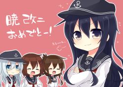Rule 34 | &gt;:3, &gt;:d, 10s, 4girls, :3, :d, ^ ^, akatsuki (kancolle), anchor symbol, blouse, blue eyes, blush, brown hair, closed eyes, crossed arms, doyagao, fang, flat cap, folded ponytail, hair between eyes, hair ornament, hairclip, hands on own hips, hat, hibiki (kancolle), ikazuchi (kancolle), inazuma (kancolle), kantai collection, long hair, multiple girls, nagasioo, neckerchief, open mouth, own hands together, pink background, purple eyes, purple hair, red neckerchief, sailor collar, school uniform, serafuku, shirt, short hair, simple background, smile, smug, v-shaped eyebrows, white hair, white shirt