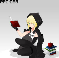 Rule 34 | 1girl, absurdres, apple, asymmetrical armwear, black gloves, black pants, blonde hair, book, breasts, elbow gloves, english text, food, fruit, full body, gloves, green eyes, grey background, hair between eyes, highres, hood, hoodie, looking at viewer, pants, reading, rizuproject, rpc-068, rpc authority, short hair, sitting, solo