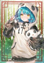 Rule 34 | 1girl, :o, animal hood, bell, hair bell, black skirt, blue hair, blurry, blurry background, blush, border, braid, cowboy shot, flat chest, flipped hair, hair bell, hair ornament, hairclip, hand up, heart, highres, holding, holding stuffed toy, hood, hood grab, hood up, hoodie, light particles, long sleeves, looking at viewer, miniskirt, original, outside border, panda hood, pleated skirt, shione (memento forest), short hair, side braid, single braid, skirt, sleeves past wrists, stuffed animal, stuffed panda, stuffed toy, tassel, toggles, turtleneck, yellow eyes