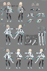 Rule 34 | 1girl, absurdres, black gloves, black skirt, black thighhighs, blonde hair, blue eyes, character sheet, closed mouth, color guide, english text, fingerless gloves, fuyuno yuuki, gloves, grey background, hair between eyes, headgear, highres, hood, hood down, hooded jacket, jacket, long hair, long sleeves, looking at viewer, multiple views, open clothes, open jacket, original, pleated skirt, shoes, simple background, skirt, sword, sword behind back, thighhighs, very long hair, watermark, weapon, weapon on back, web address, white footwear, white jacket, x-ray