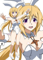 Rule 34 | 1girl, animal ears, blonde hair, bow, bowtie, breasts, charlotte dunois, commentary request, detached collar, full body, highres, infinite stratos, jewelry, kuroda ariake, large breasts, leotard, long hair, looking at viewer, multiple views, necklace, open mouth, outstretched arms, pendant, playboy bunny, purple eyes, rabbit ears, rabbit tail, strapless, strapless leotard, tail, upper body, white bow, white bowtie, white footwear, white leotard, wrist cuffs, zoom layer