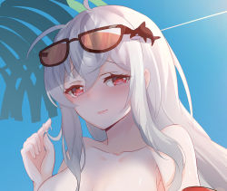 Rule 34 | 1girl, ahoge, arknights, bare shoulders, beach, black choker, breasts, chinese commentary, choker, cleavage, collarbone, commentary request, embarrassed, eyewear on head, hair between eyes, hair ornament, hand up, unworn headwear, large breasts, lingshalan, long hair, looking at viewer, official alternate costume, outdoors, portrait, red eyes, silver hair, skadi (arknights), skadi (waverider) (arknights), solo, sunglasses, very long hair, whale hair ornament