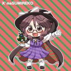 Rule 34 | 1girl, black cloak, black footwear, black hat, blush, bow, brown eyes, brown hair, cloak, diagonal stripes, full body, glasses, gloves, hair between eyes, hat, hat bow, highres, long sleeves, low twintails, open mouth, plaid, plaid skirt, plaid vest, pleated skirt, purple skirt, purple vest, red-framed eyewear, rokugou daisuke, shirt, shoes, short hair, skirt, smile, solo, striped, striped background, thighhighs, touhou, twintails, usami sumireko, vest, white bow, white gloves, white shirt, white thighhighs