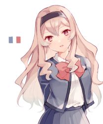 Rule 34 | 1girl, arms behind back, black hairband, blonde hair, bow, bowtie, breasts, collared shirt, french flag, grey jacket, grey skirt, hair between eyes, hairband, head tilt, jacket, long hair, long sleeves, looking at viewer, medium breasts, open clothes, open jacket, parted lips, pink eyes, pleated skirt, red bow, red bowtie, saijou claudine, school uniform, seishou music academy uniform, shirt, shirt tucked in, shoujo kageki revue starlight, sidelocks, simple background, skirt, smile, solo, standing, upper body, very long hair, wato (ko), wavy hair, white background, white shirt
