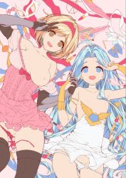 Rule 34 | 2girls, ahoge, blonde hair, blue hair, breasts, breasts apart, clothes lift, djeeta (granblue fantasy), dress, elbow gloves, empty eyes, fighter (granblue fantasy), flat chest, gloves, granblue fantasy, hair intakes, hairband, hakui ami, holding hands, light areolae, lyria (granblue fantasy), medium breasts, multiple girls, panties, pink hairband, short hair, skirt, skirt lift, thighhighs, underwear, unfinished, white dress