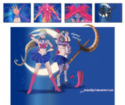 Rule 34 | 2girls, bishoujo senshi sailor moon, bishoujo senshi sailor moon (first season), blonde hair, blue eyes, blue sailor collar, blue skin, blue skirt, boots, bow, braid, colored skin, cosplay, crescent moon, diana (league of legends), elbow gloves, facial mark, forehead mark, gloves, holyelfgirl, hooves, horns, knee boots, league of legends, long hair, moon, multi-tied hair, multiple girls, parody, pleated skirt, pointy ears, red bow, sailor collar, sailor moon, sailor moon (cosplay), single braid, single horn, skirt, soraka (league of legends), staff, very long hair, white gloves, white hair
