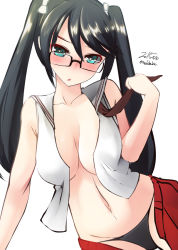 Rule 34 | 10s, 1girl, aqua eyes, arm support, bad id, bad pixiv id, bespectacled, black hair, black panties, blush, breasts, cleavage, glasses, hair between eyes, hair ribbon, isuzu (kancolle), kantai collection, long hair, looking at viewer, navel, nekobaka, open clothes, panties, ribbon, simple background, solo, twintails, underwear