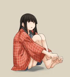 Rule 34 | 1girl, bare legs, barefoot, blue skirt, blunt bangs, blush, brown eyes, chagamaka, feet, full body, hands on own feet, hanten (clothes), hatsuyuki (kancolle), hime cut, japanese clothes, kantai collection, legs, light brown background, long hair, looking at viewer, on ground, open mouth, pleated skirt, sailor collar, shirt, sitting, skirt, soles, solo, thighs, toes, white shirt, wide sleeves