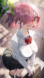 Rule 34 | 1girl, :d, absurdres, black skirt, black socks, bow, bowtie, breasts, collared shirt, commentary, eyes visible through hair, fate/grand order, fate (series), glasses, hair over one eye, highres, large breasts, long sleeves, looking at viewer, mash kyrielight, nanaken nana, open mouth, outdoors, purple eyes, red-framed eyewear, red bow, red bowtie, shirt, short hair, skirt, smile, socks, solo, standing, white shirt