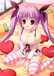Rule 34 | 1girl, :d, absurdres, areola slip, bed, breasts, carrot, cleavage, dress, heart, heart-shaped pillow, highres, long hair, mikeou, nipple slip, nipples, open mouth, original, pillow, pink hair, purple hair, red eyes, slippers, smile, solo, striped clothes, striped thighhighs, sweater, sweater dress, thighhighs, twintails