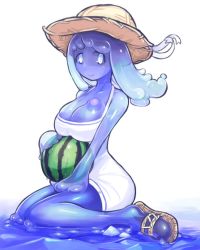 Rule 34 | 1girl, bare shoulders, blue eyes, blue skin, blue theme, breasts, cleavage, colored skin, dress, food, fruit, hat, idon, large breasts, long hair, monster girl, original, purple hair, purple theme, ribbon, sandals, simple background, sitting, slime girl, smile, solo, straw hat, sundress, tareme, wariza, watermelon, white background, white eyes